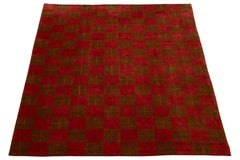 Red and Brown Contemporary Tibetan Wool and Silk Rug Featuring a Check Patterns