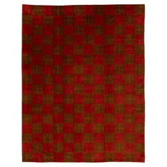 Red and Brown Contemporary Tibetan Wool and Silk Rug Featuring a Check Patterns