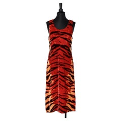 Red and brown silk velvet animal printed evening dress YSL Rive Gauche 