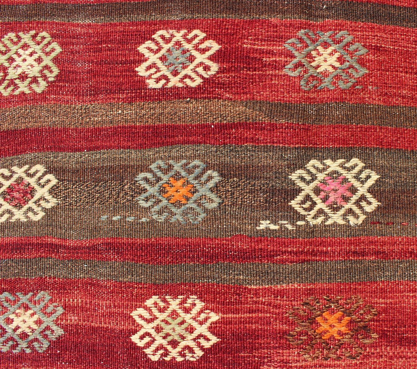 Red and Brown Striped Turkish Hand Woven Kilim Rug with Geometric Shapes For Sale 4