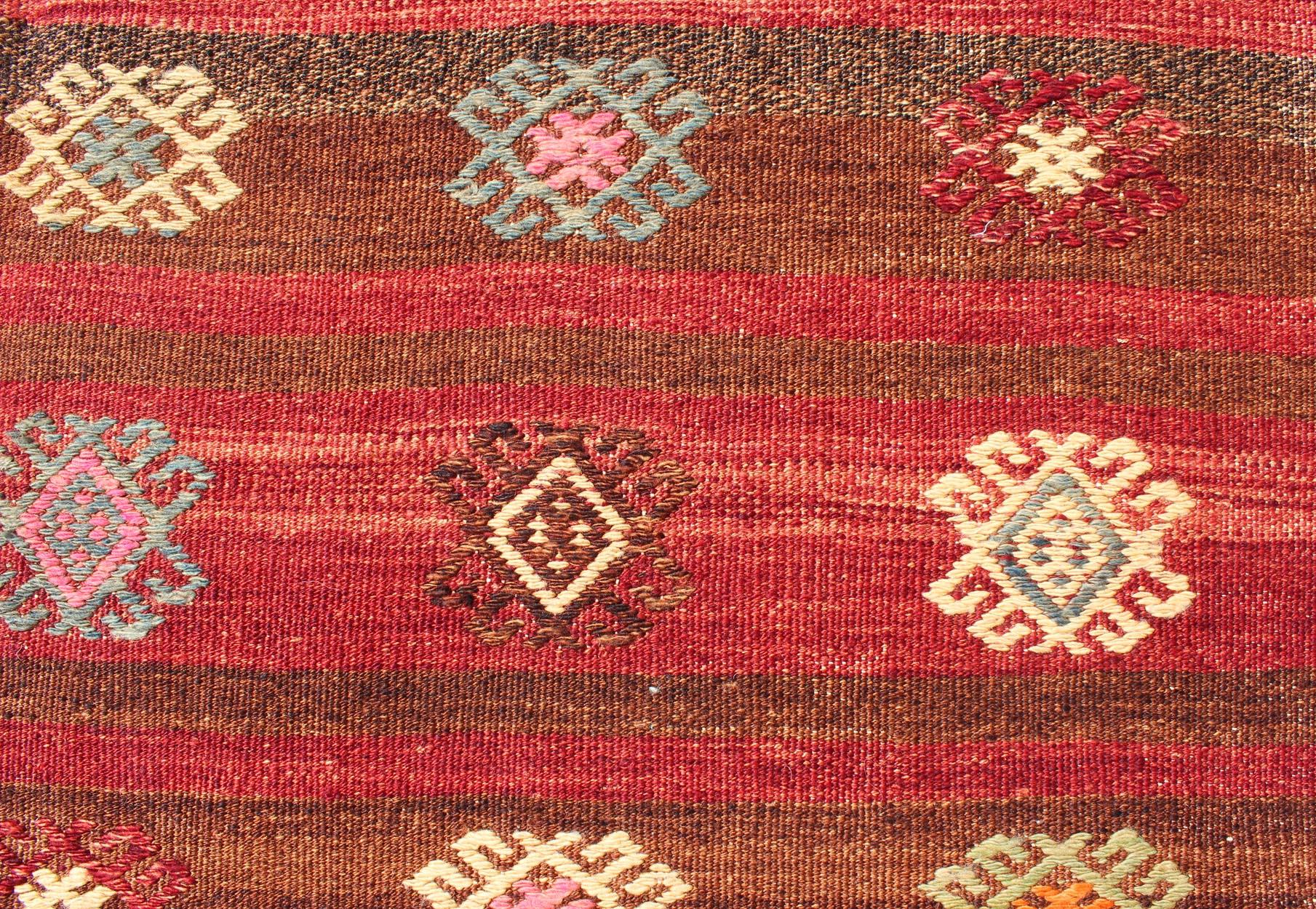 Red and Brown Striped Turkish Hand Woven Kilim Rug with Geometric Shapes For Sale 5