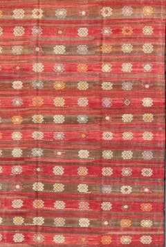Red and Brown Striped Turkish Hand Woven Kilim Rug with Geometric Shapes