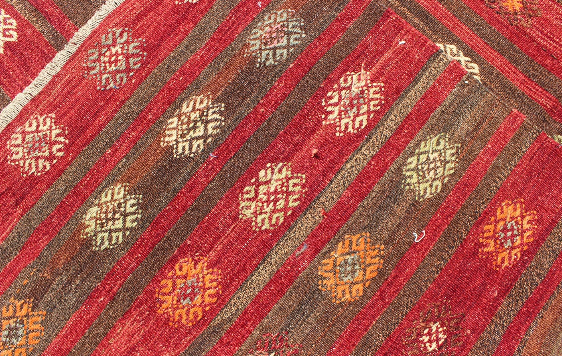 Hand-Woven Red and Brown Striped Turkish Hand Woven Kilim Rug with Geometric Shapes For Sale