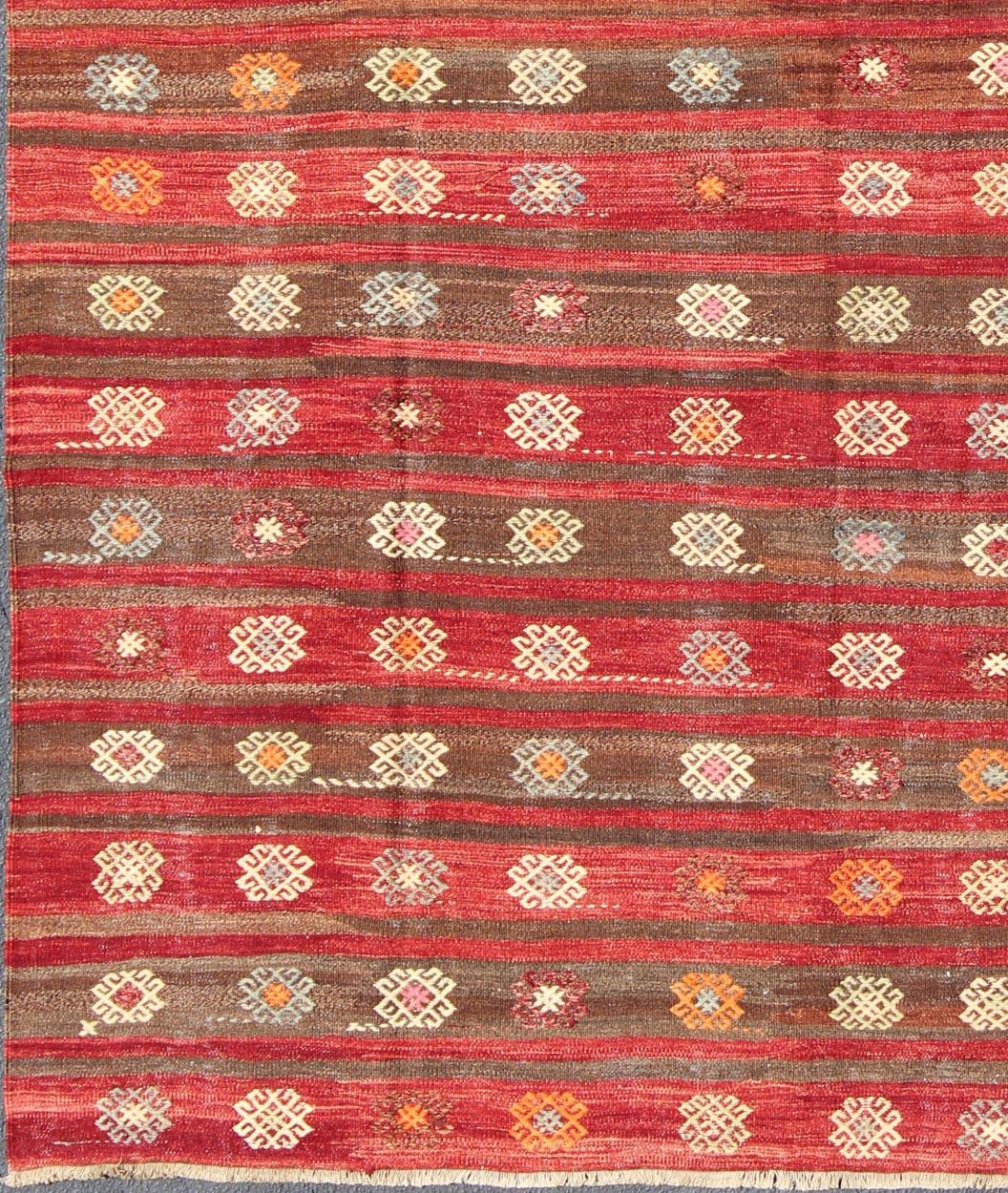 Red and Brown Striped Turkish Hand Woven Kilim Rug with Geometric Shapes In Good Condition For Sale In Atlanta, GA