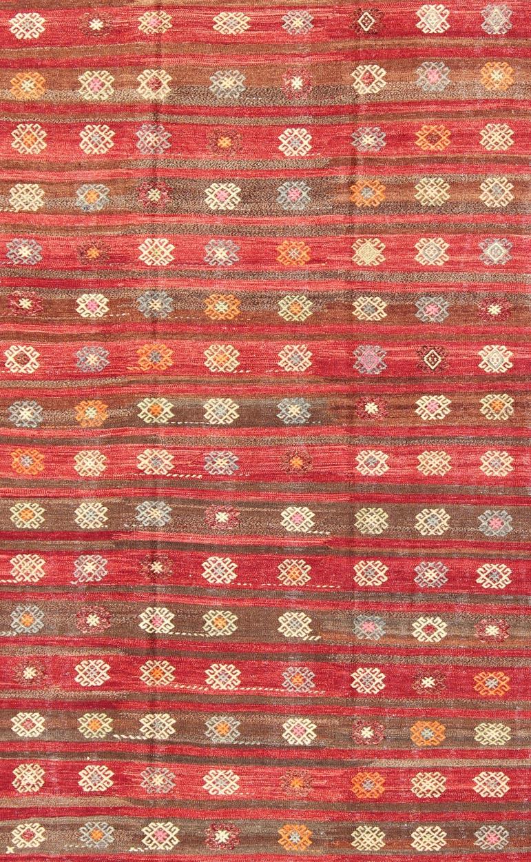20th Century Red and Brown Striped Turkish Hand Woven Kilim Rug with Geometric Shapes For Sale