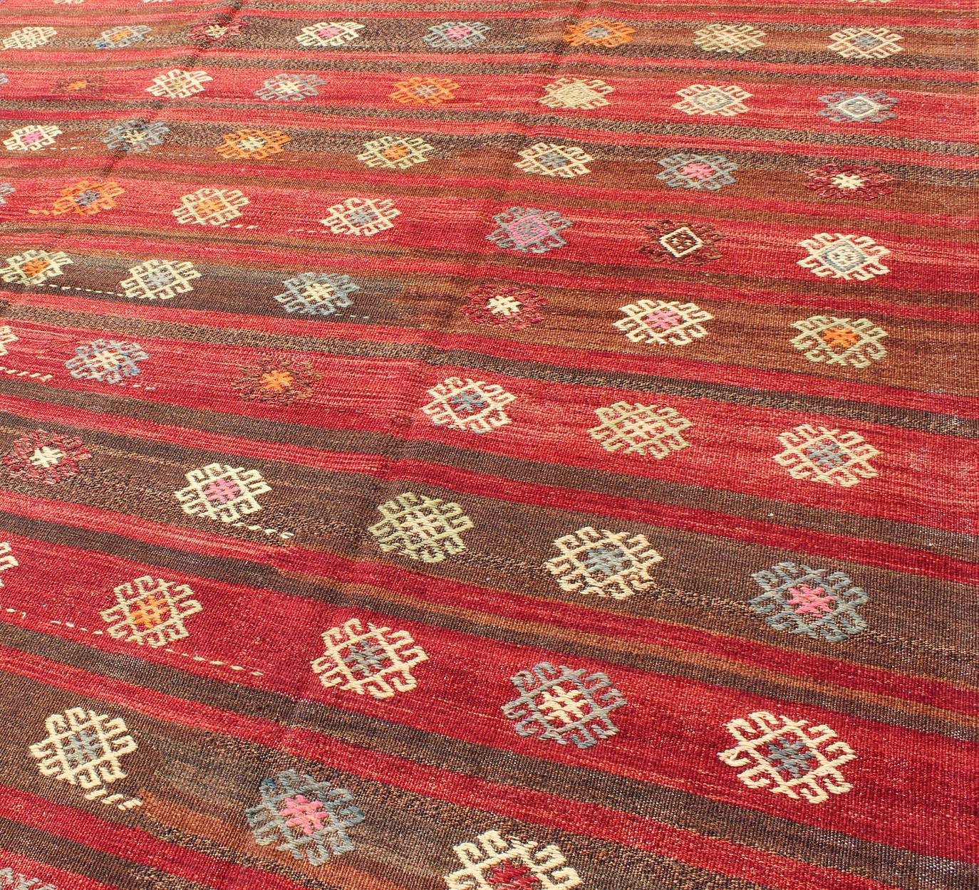Wool Red and Brown Striped Turkish Hand Woven Kilim Rug with Geometric Shapes For Sale