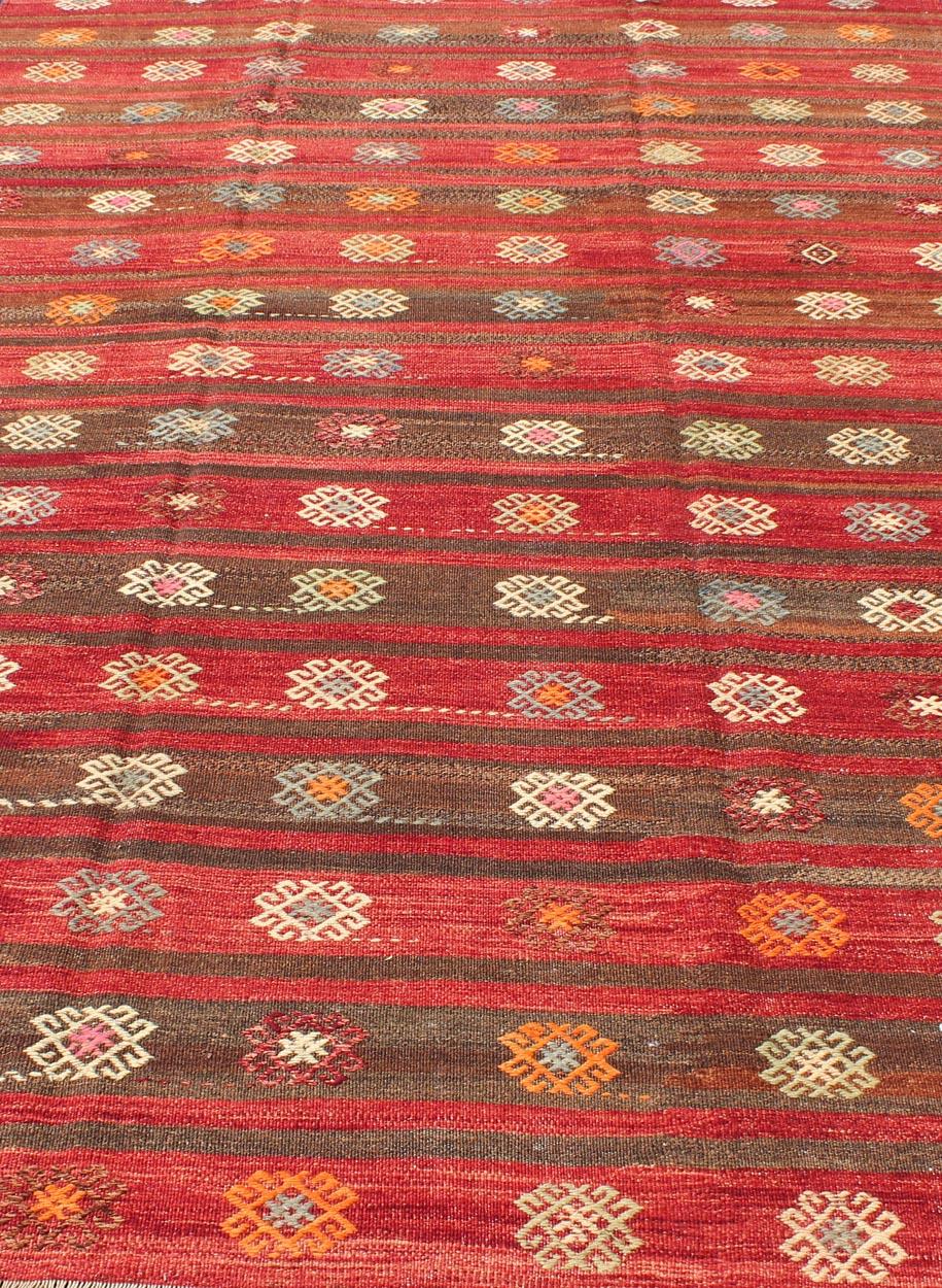 Red and Brown Striped Turkish Hand Woven Kilim Rug with Geometric Shapes For Sale 1