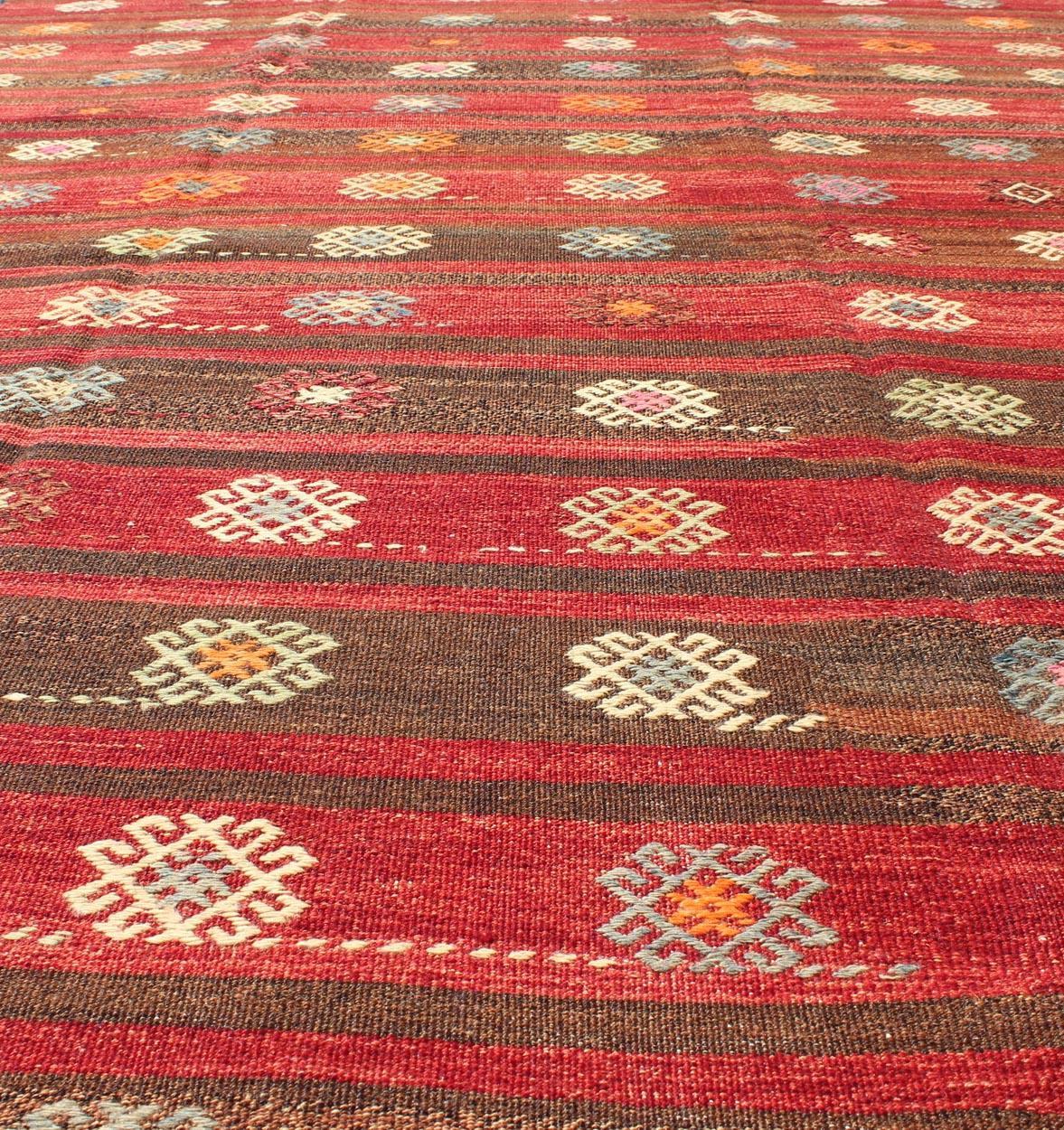 Red and Brown Striped Turkish Hand Woven Kilim Rug with Geometric Shapes For Sale 2