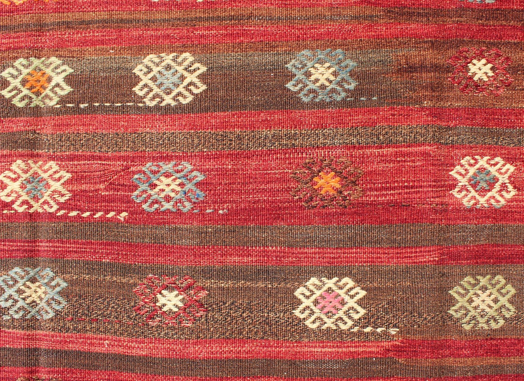 Red and Brown Striped Turkish Hand Woven Kilim Rug with Geometric Shapes For Sale 3