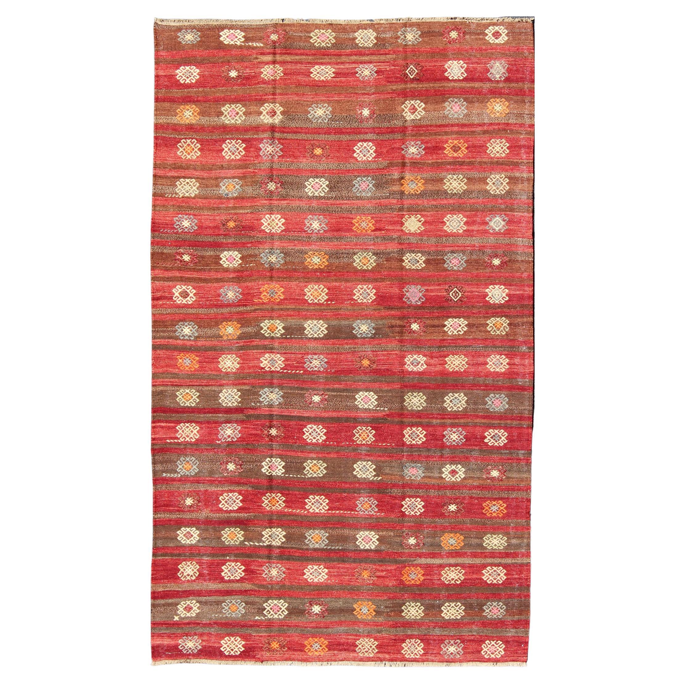 Red and Brown Striped Turkish Hand Woven Kilim Rug with Geometric Shapes For Sale