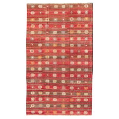 Retro Red and Brown Striped Turkish Hand Woven Kilim Rug with Geometric Shapes