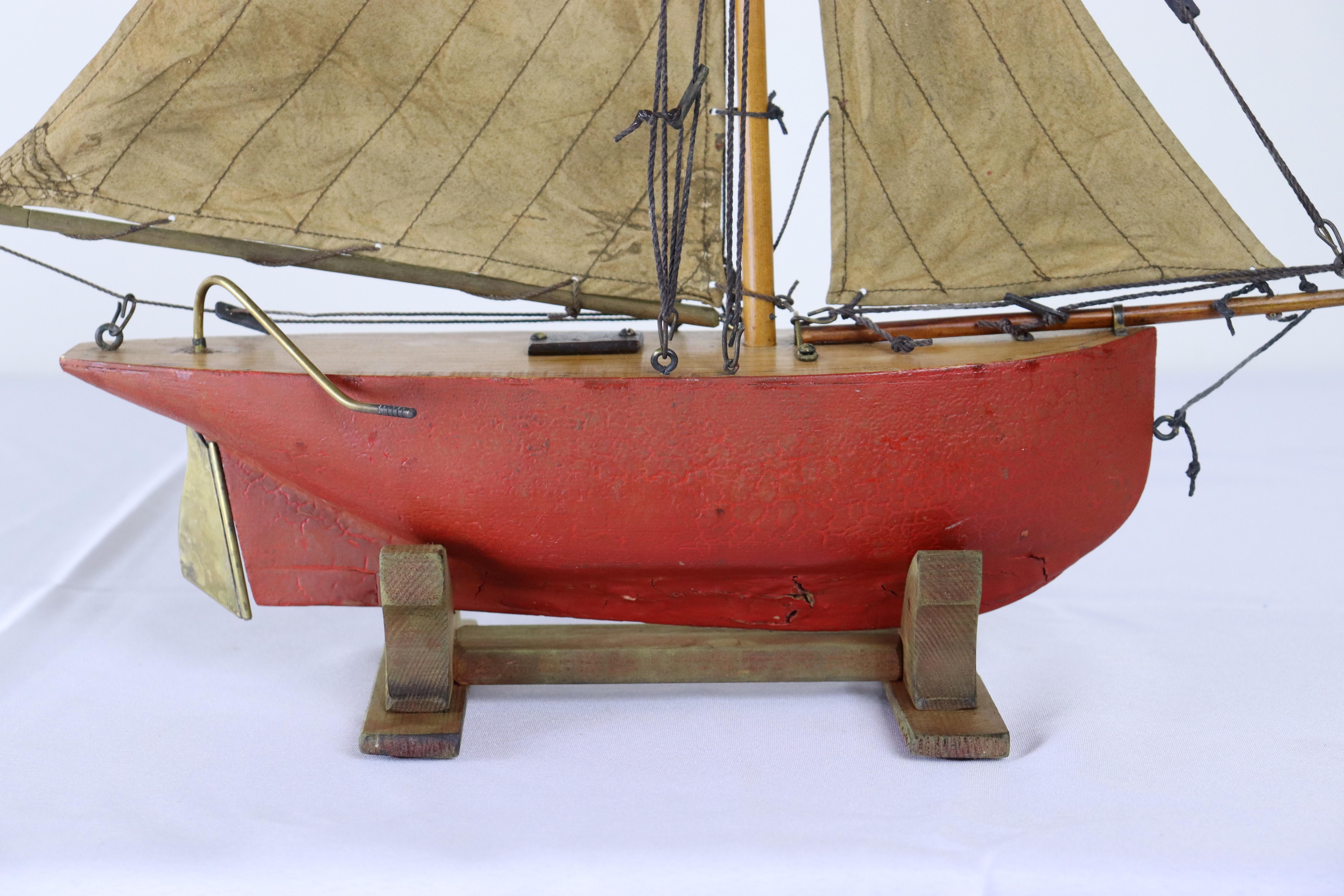 Wood Red and Brown Vintage English Pond Yacht For Sale