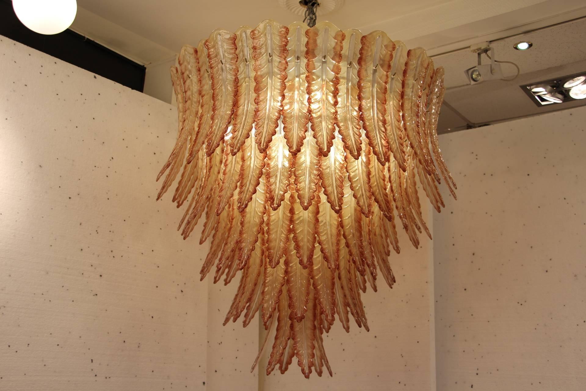 Red and Champagne Italian Murano Five-Tier Glass Chandelier In Excellent Condition In Saint-Ouen, FR