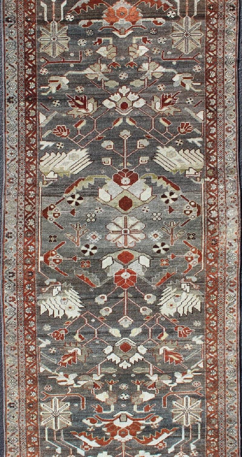 Tribal Red and Charcoal Antique Persian Hamedan Runner with All-Over Floral Design For Sale