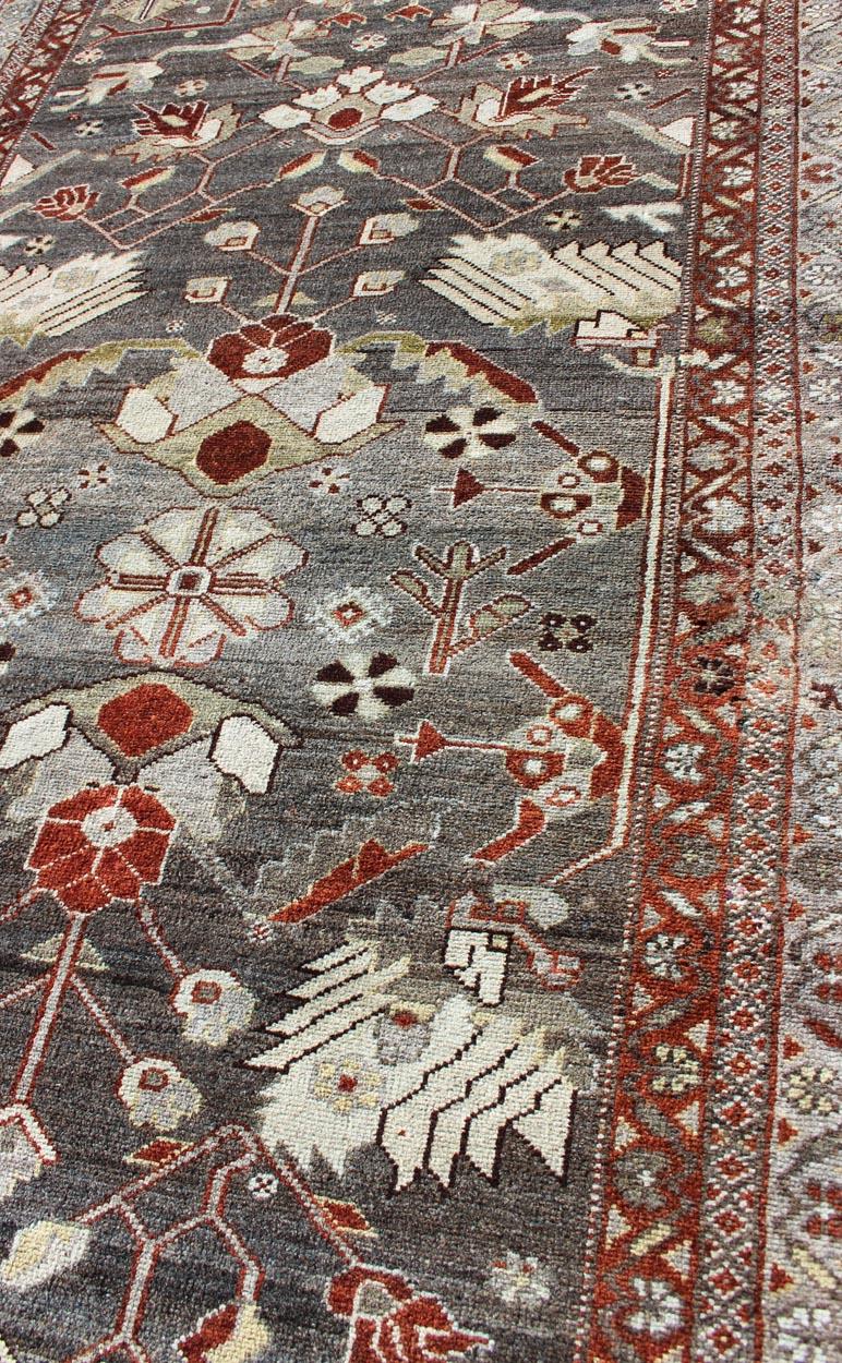 Red and Charcoal Antique Persian Hamedan Runner with All-Over Floral Design For Sale 2