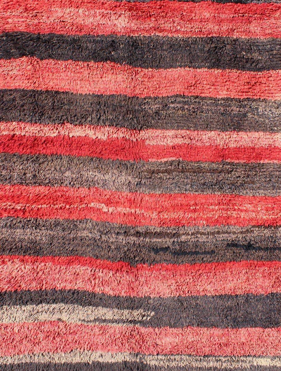 Turkish Vintage Tulu rug from Turkey in charcoal and red with stripe Minimalist Design For Sale