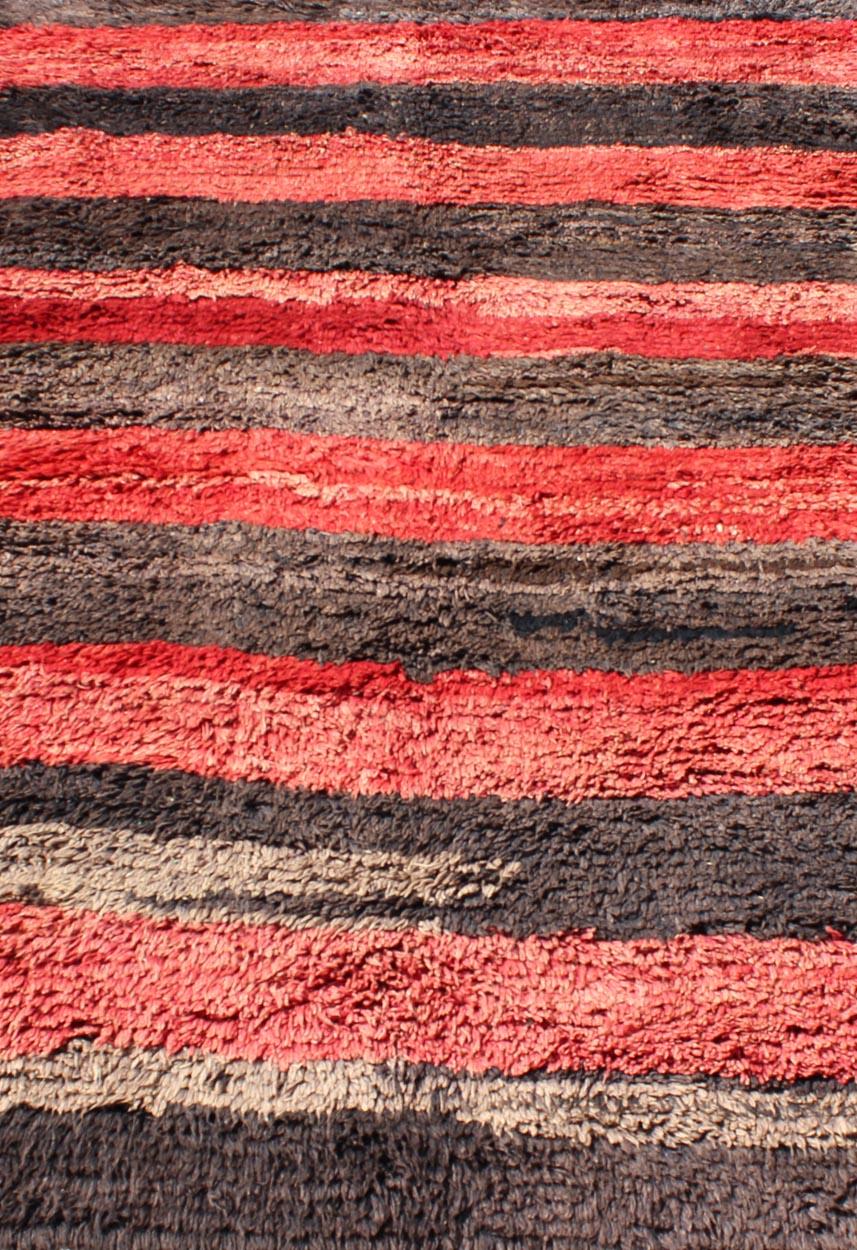 Vintage Tulu rug from Turkey in charcoal and red with stripe Minimalist Design In Excellent Condition For Sale In Atlanta, GA