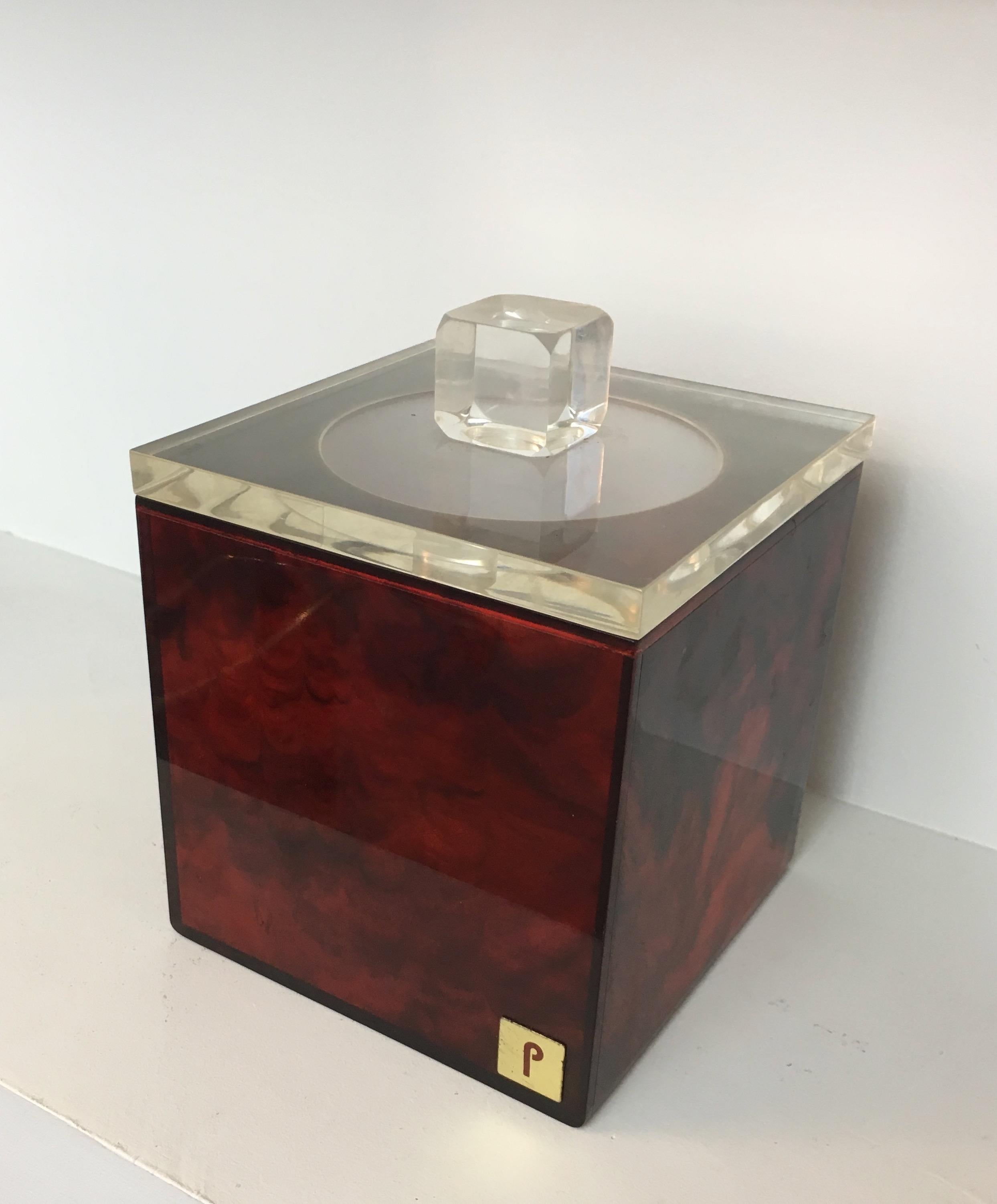 Red and Clear Lucite Ice Bucket, Signed P. French, Circa 1970 For Sale 11