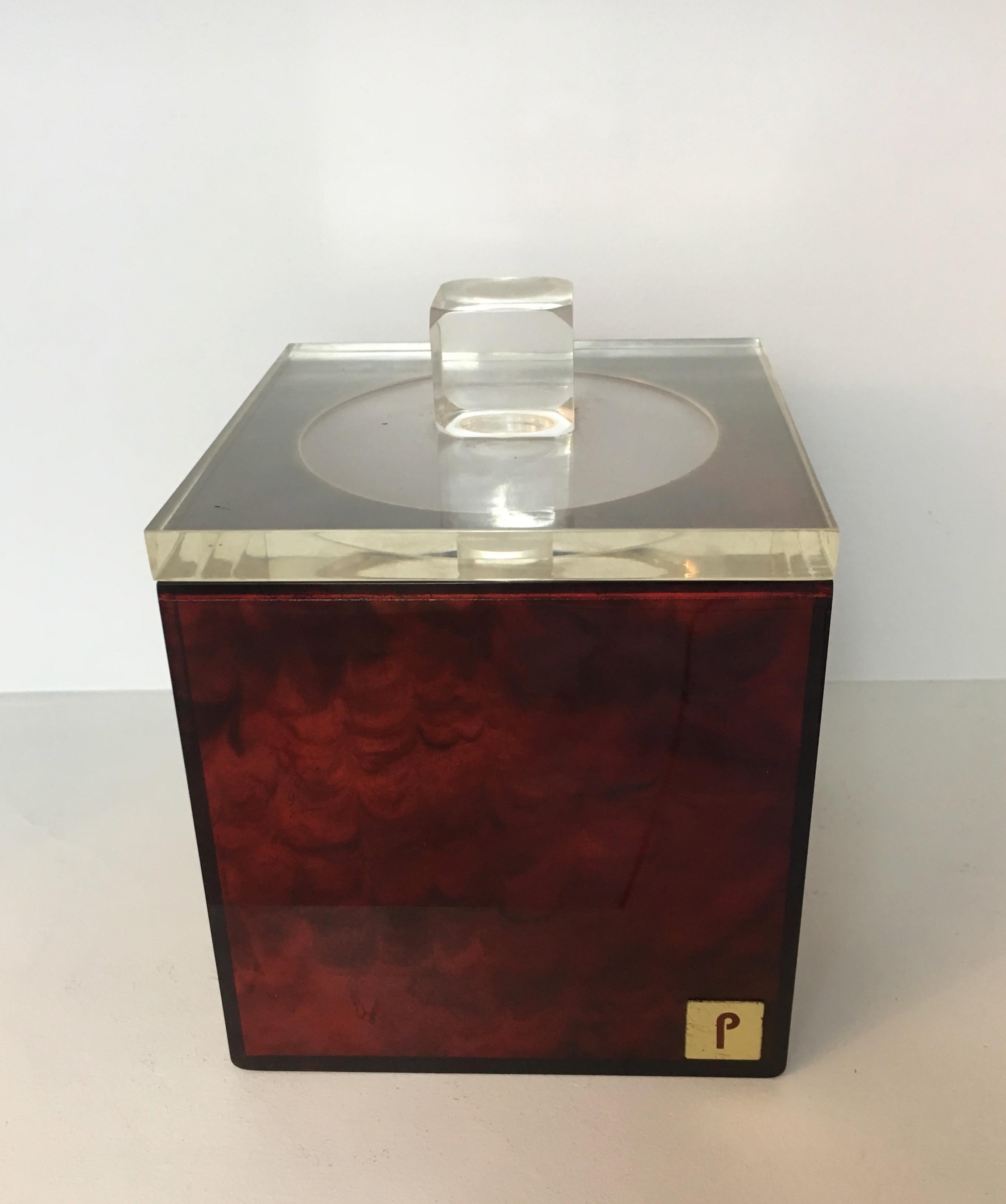 Mid-Century Modern Red and Clear Lucite Ice Bucket, Signed P. French, Circa 1970 For Sale
