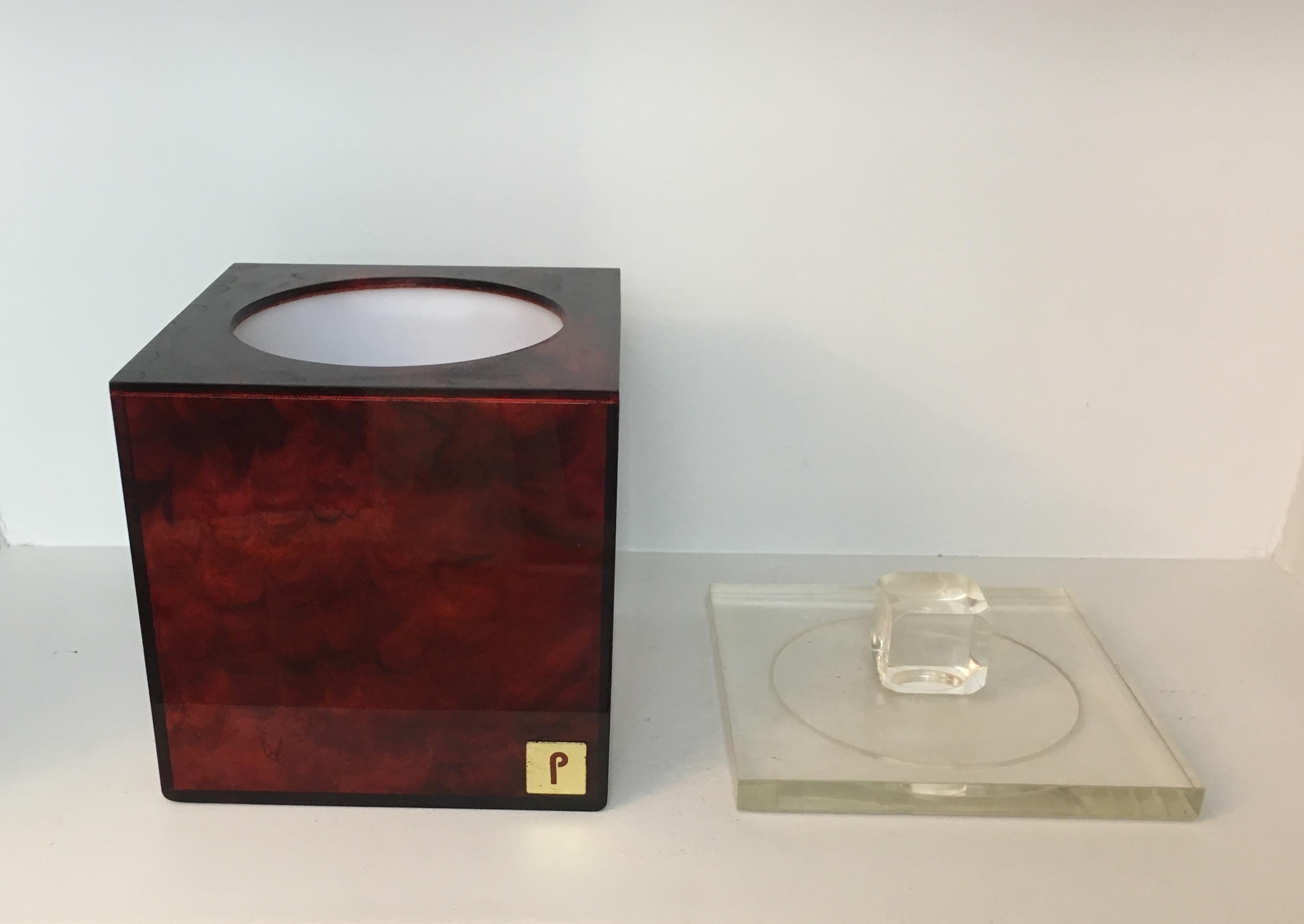 Late 20th Century Red and Clear Lucite Ice Bucket, Signed P. French, Circa 1970 For Sale