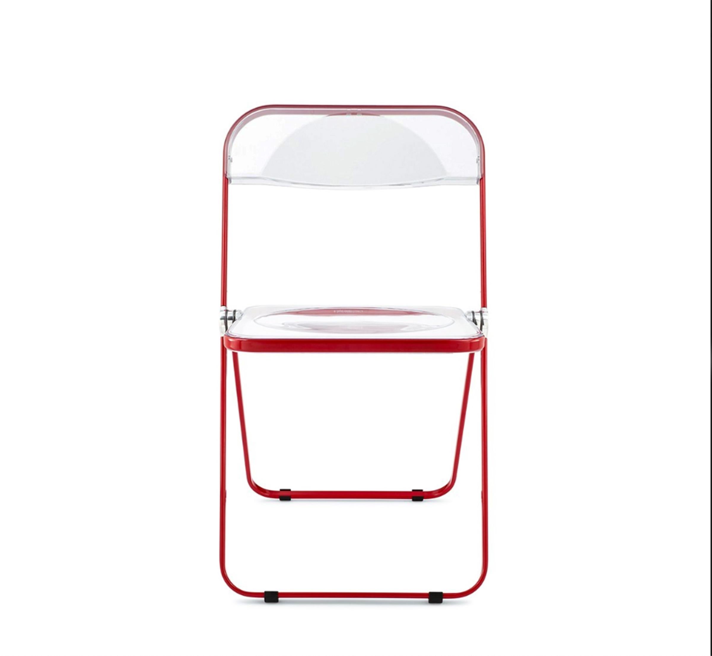 Set of 4 Red and Clear Lucite Plia Folding Chairs by Piretti for Castelli, Italy For Sale 2