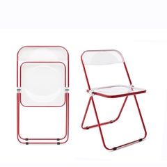 Set of 4 Red and Clear Lucite Plia Folding Chairs by Piretti for Castelli, Italy