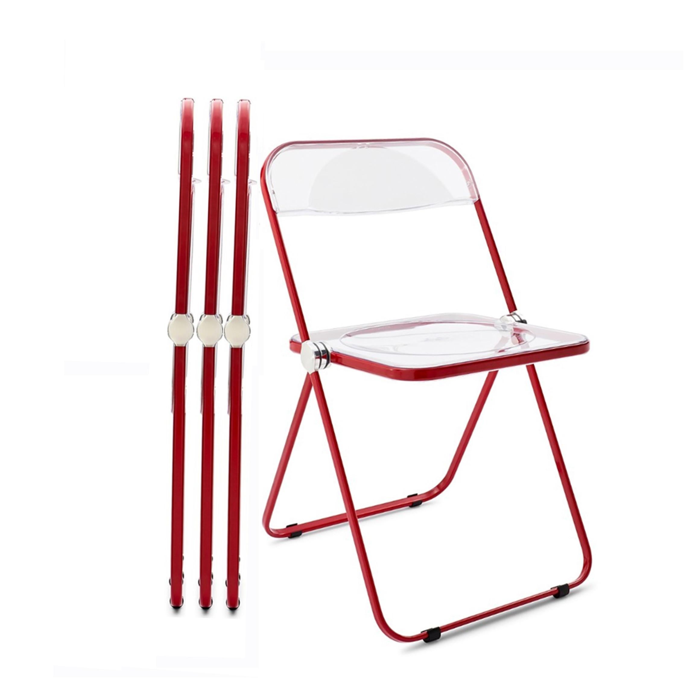 Mid-Century Modern Set of 4 Red and Clear Lucite Plia Folding Chairs by Piretti for Castelli, Italy For Sale