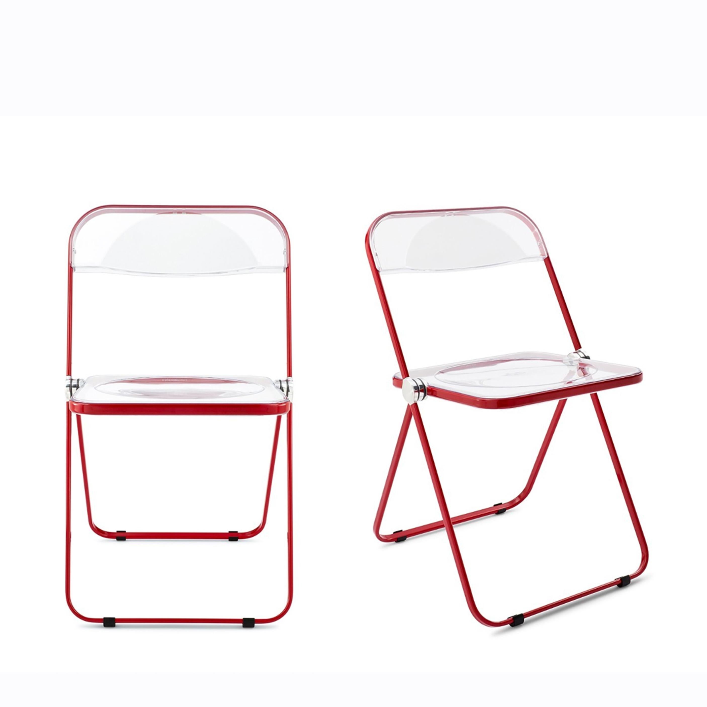 Italian Set of 4 Red and Clear Lucite Plia Folding Chairs by Piretti for Castelli, Italy For Sale