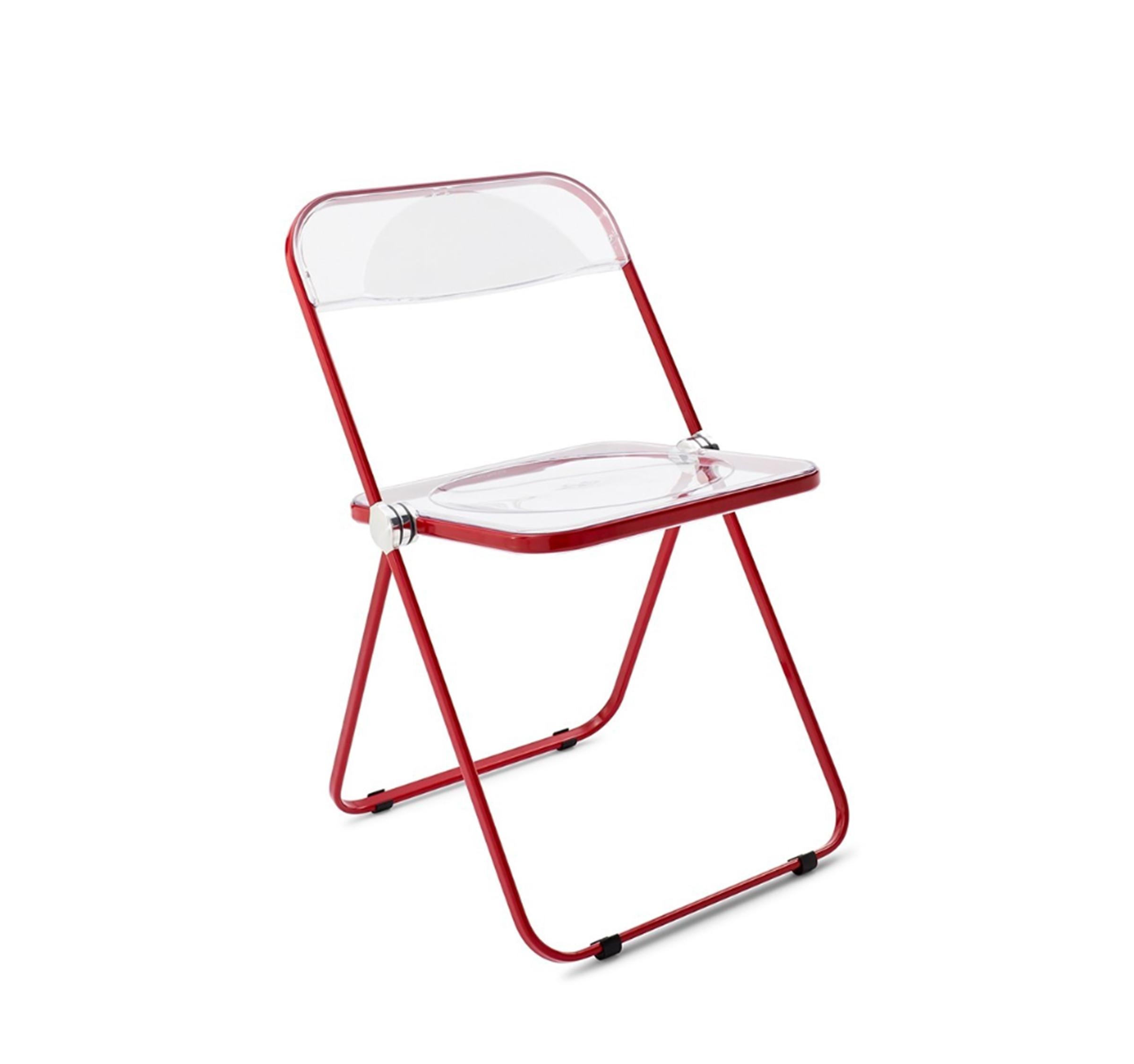 20th Century Set of 4 Red and Clear Lucite Plia Folding Chairs by Piretti for Castelli, Italy For Sale