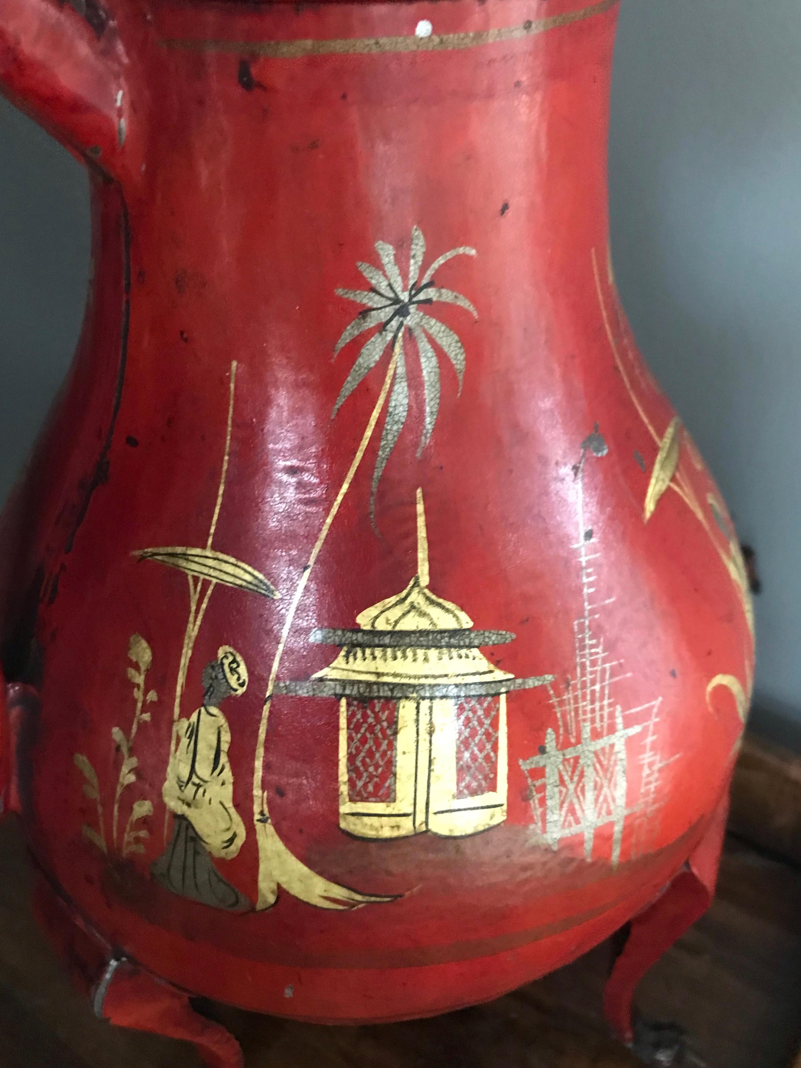 English Red and Gilt Tole Chinoiserie Samovar For Sale