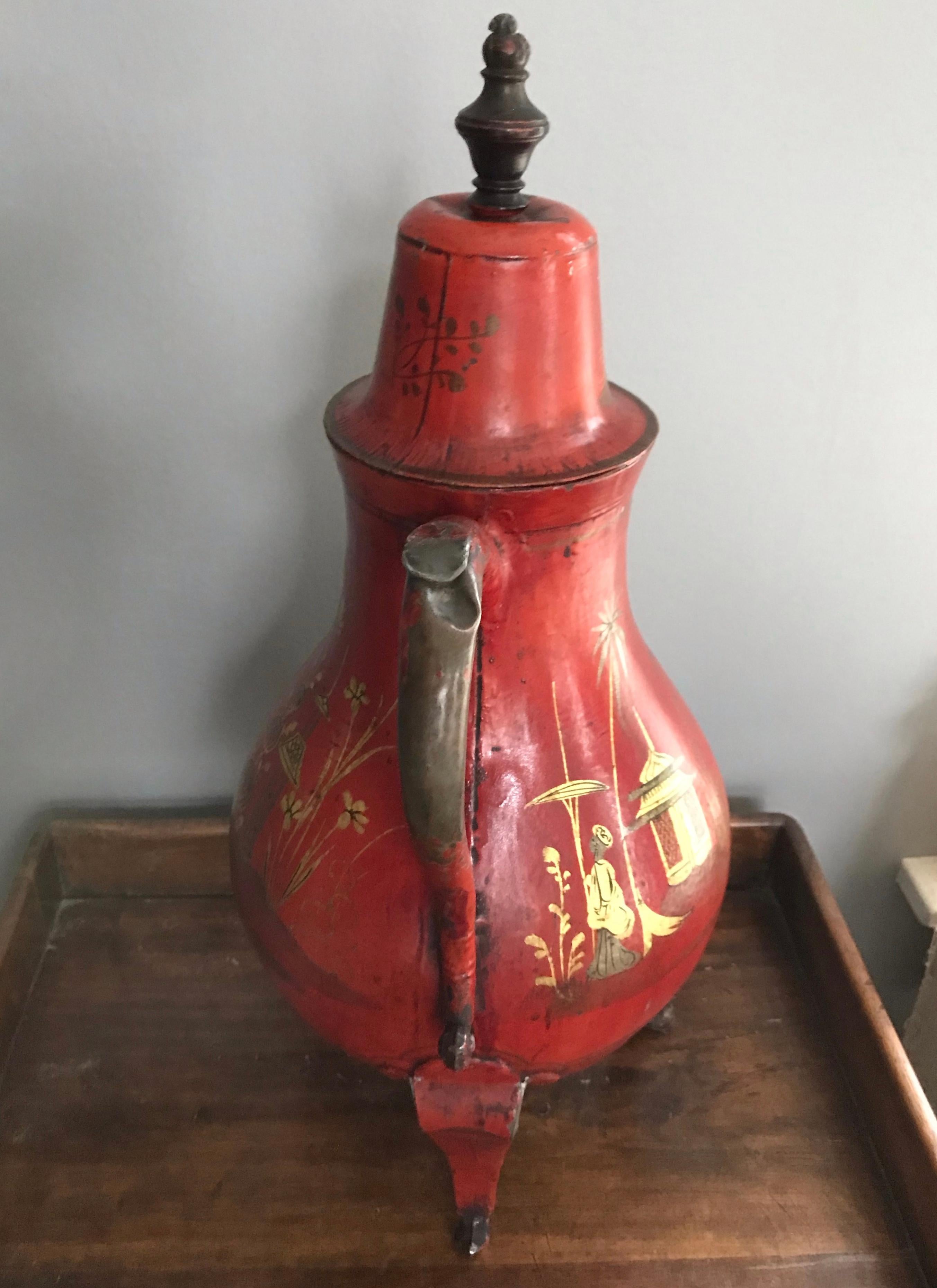 Metal Red and Gilt Tole Chinoiserie Samovar For Sale