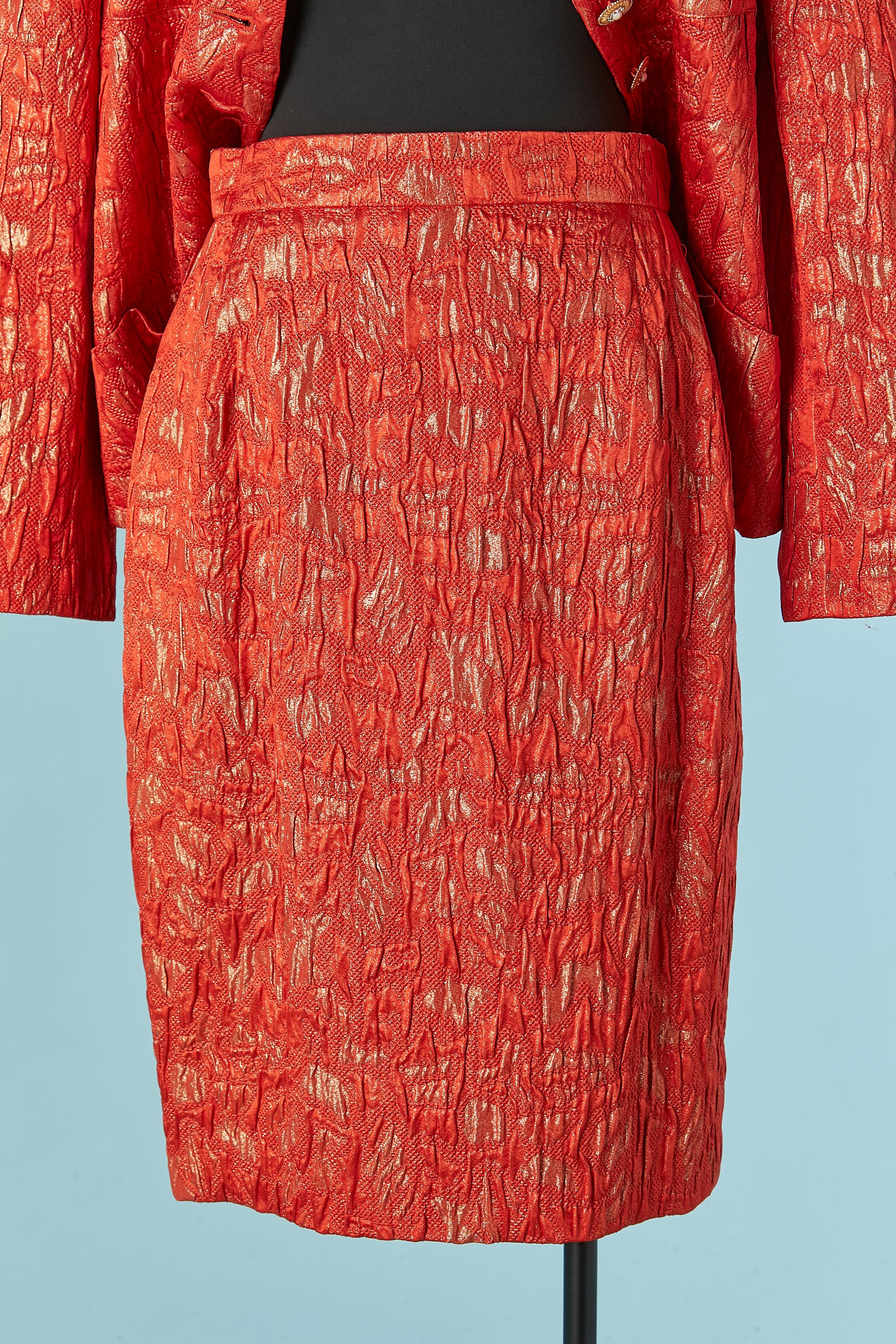Red and gold brocade evening skirt-suit Louis Féraud Circa 1980's For Sale 3