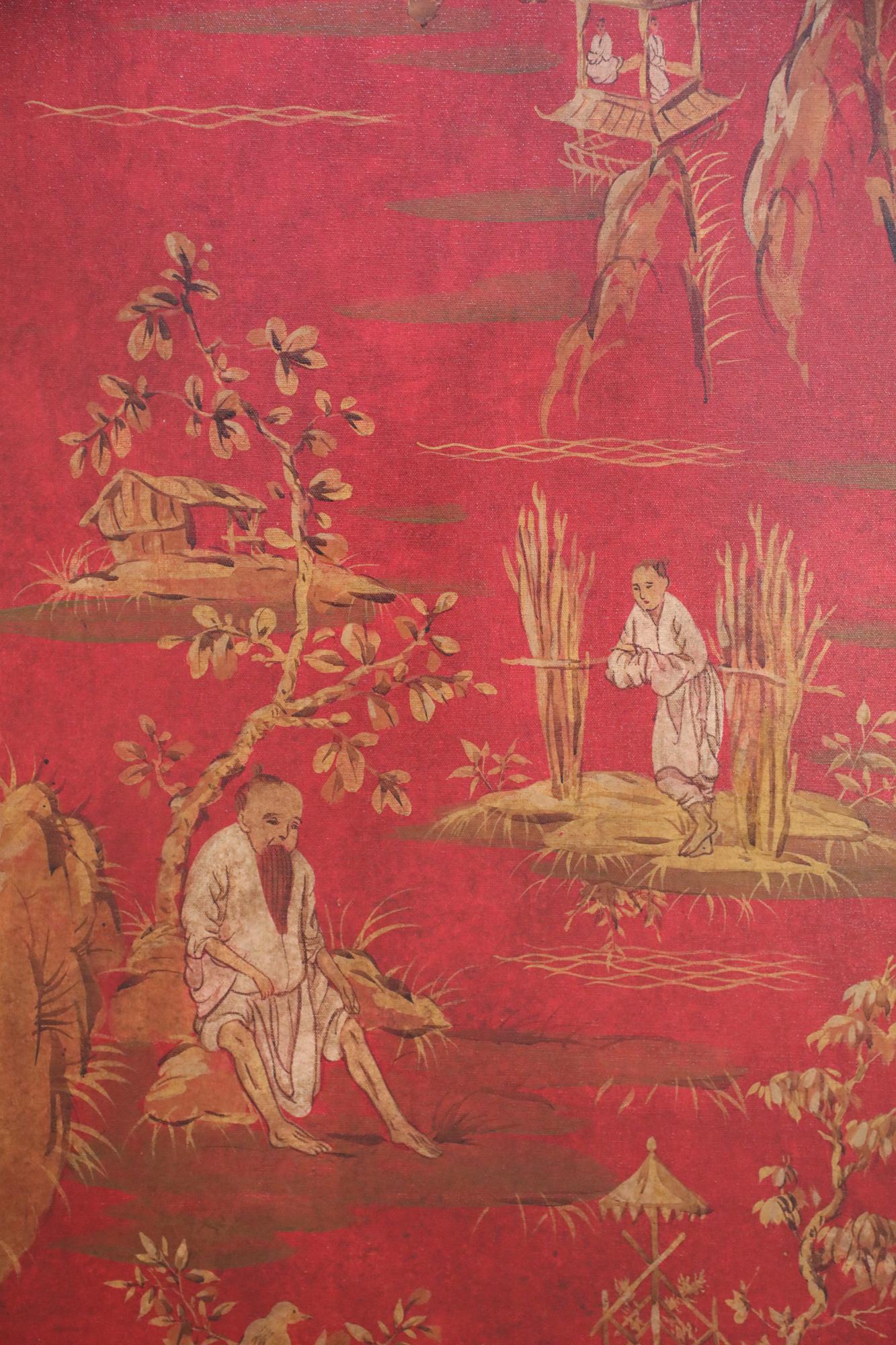 Red and Gold Chinoiserie Three Panel Screen For Sale 3