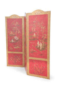 Red and Gold Chinoiserie Three Panel Screen