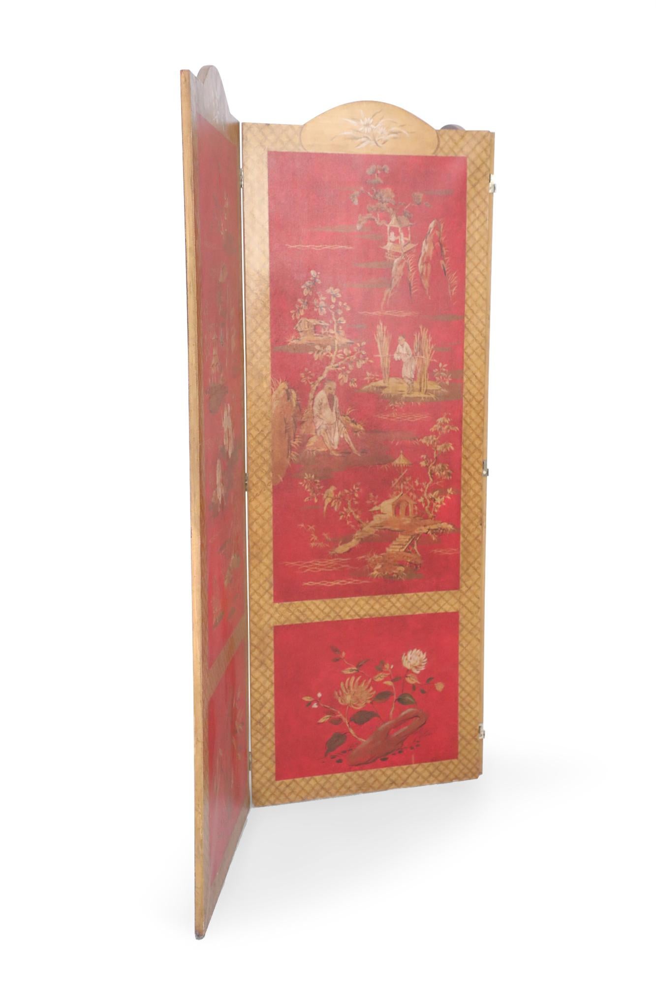 Wood Red and Gold Chinoiserie Three Panel Screen For Sale