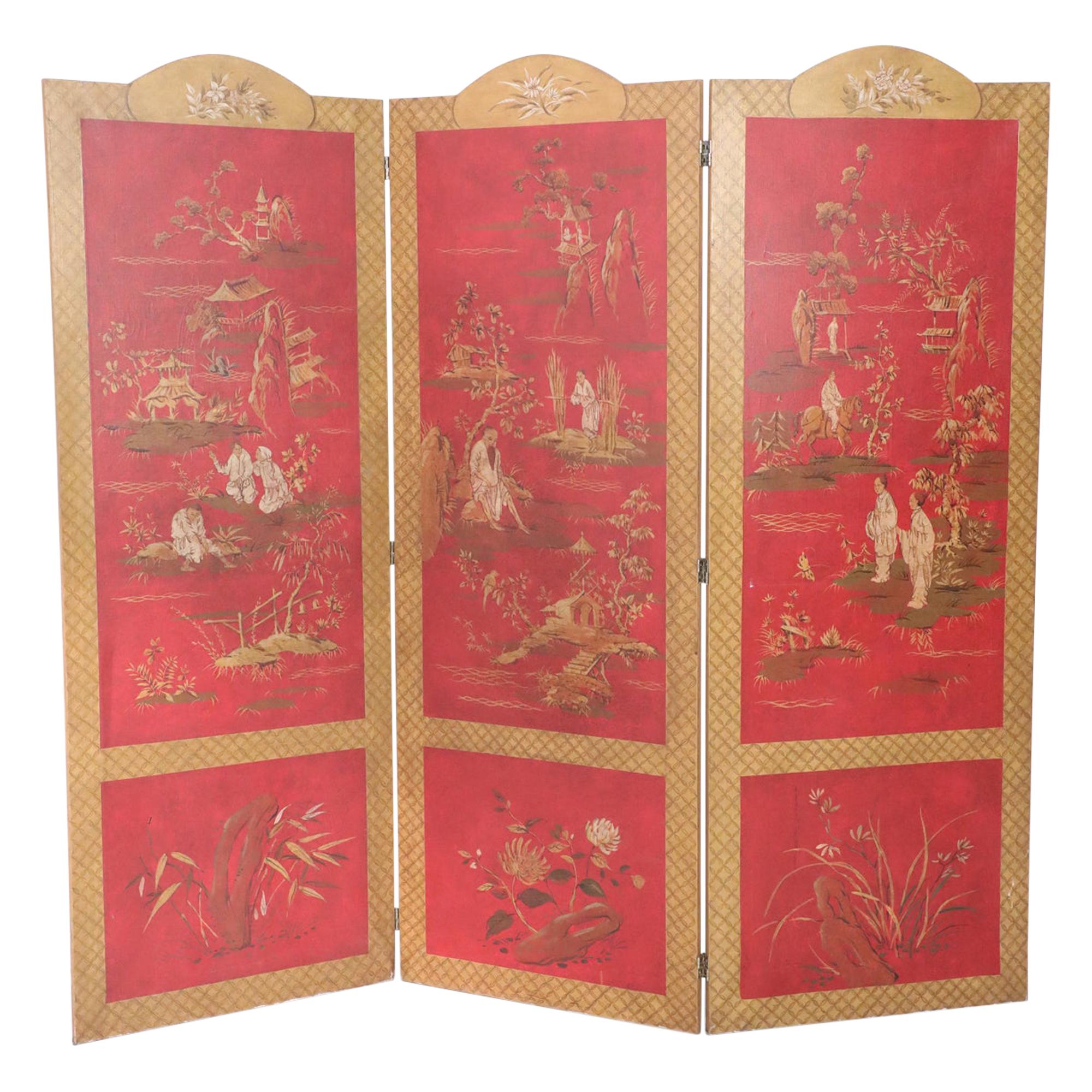 Red and Gold Chinoiserie Three Panel Screen