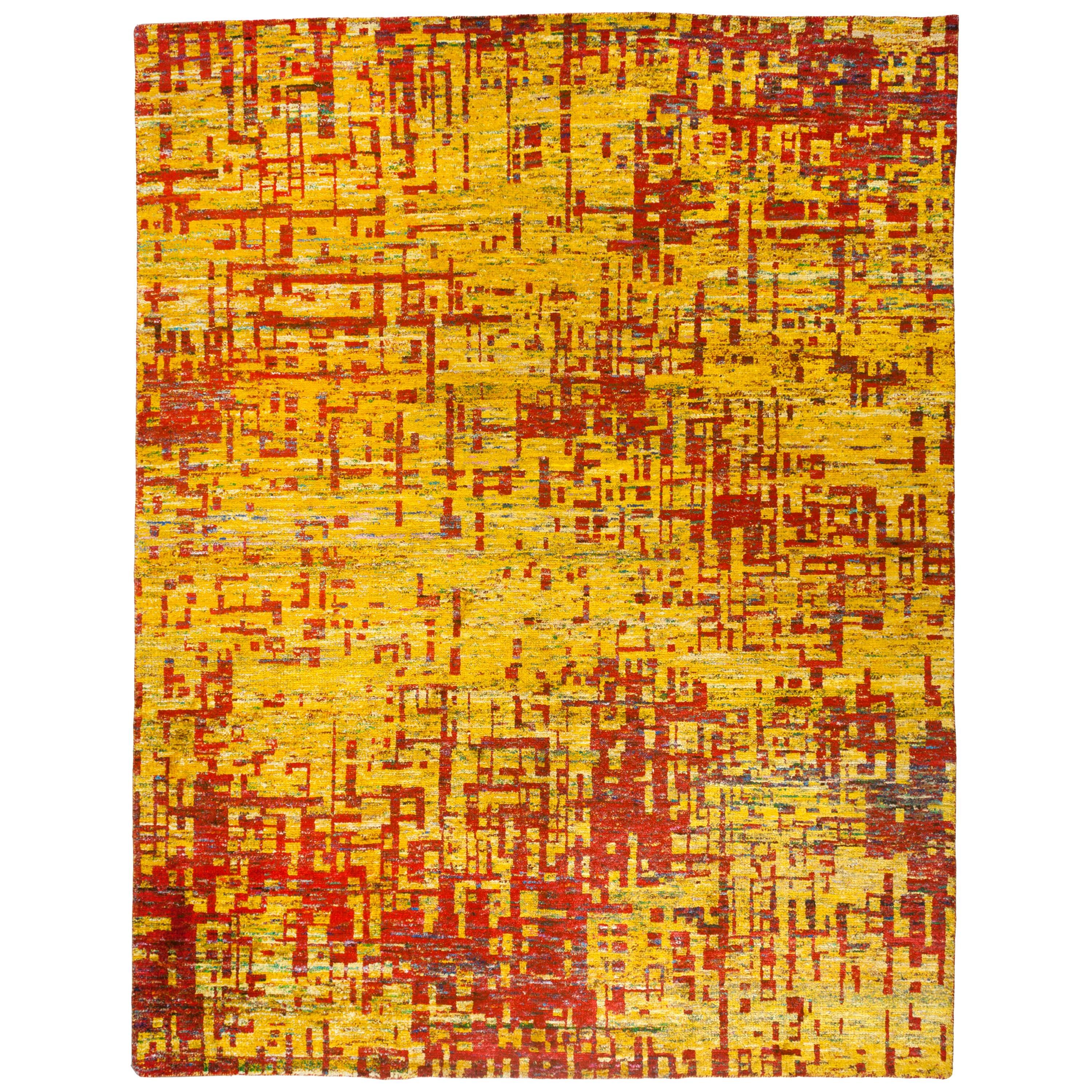 Tapis de zone abstrait contemporain rouge et or en vente
