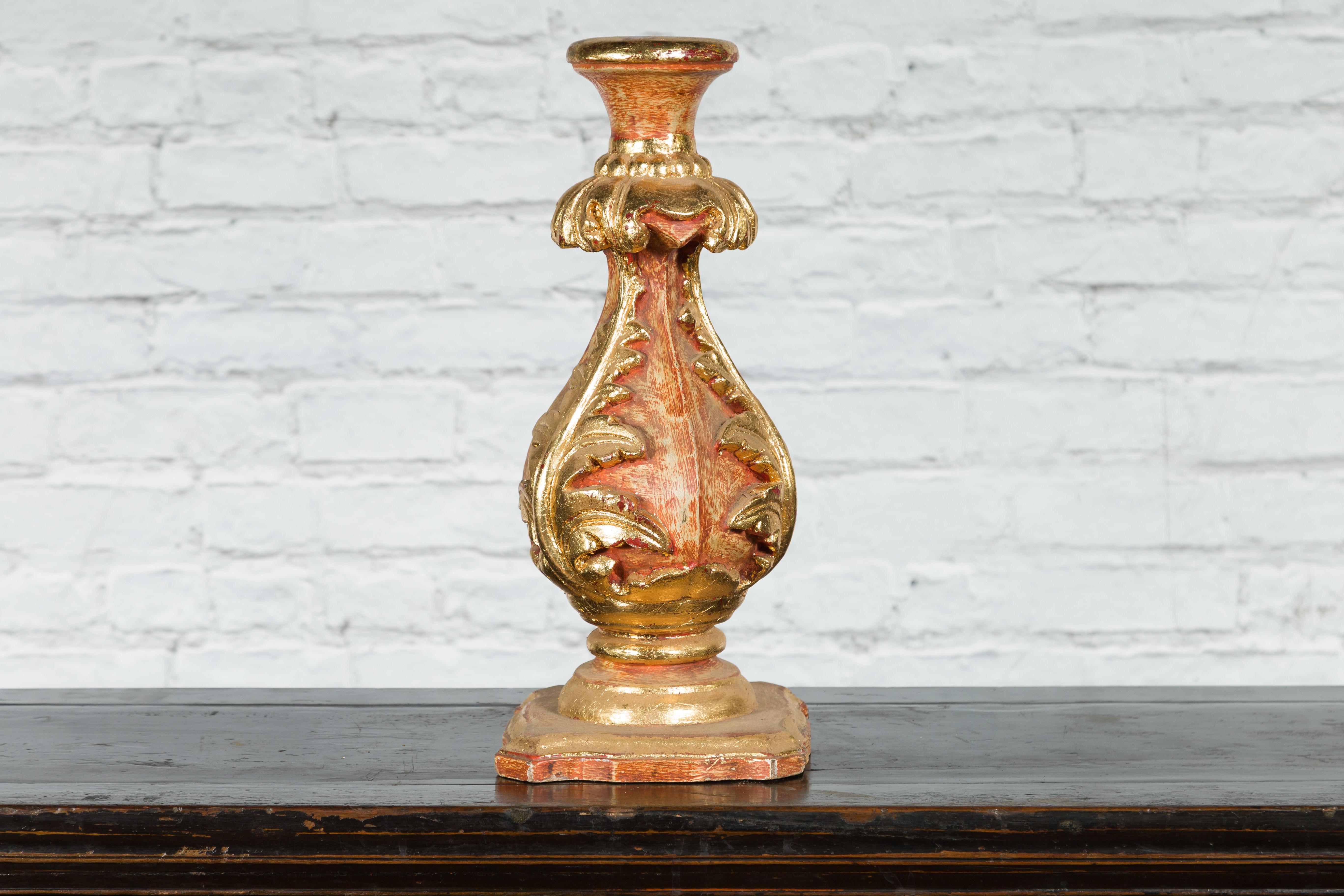 Red and Gold Gilt Indian Acanthus Carved Finial Drilled to Be Made into a Lamp In Good Condition For Sale In Yonkers, NY