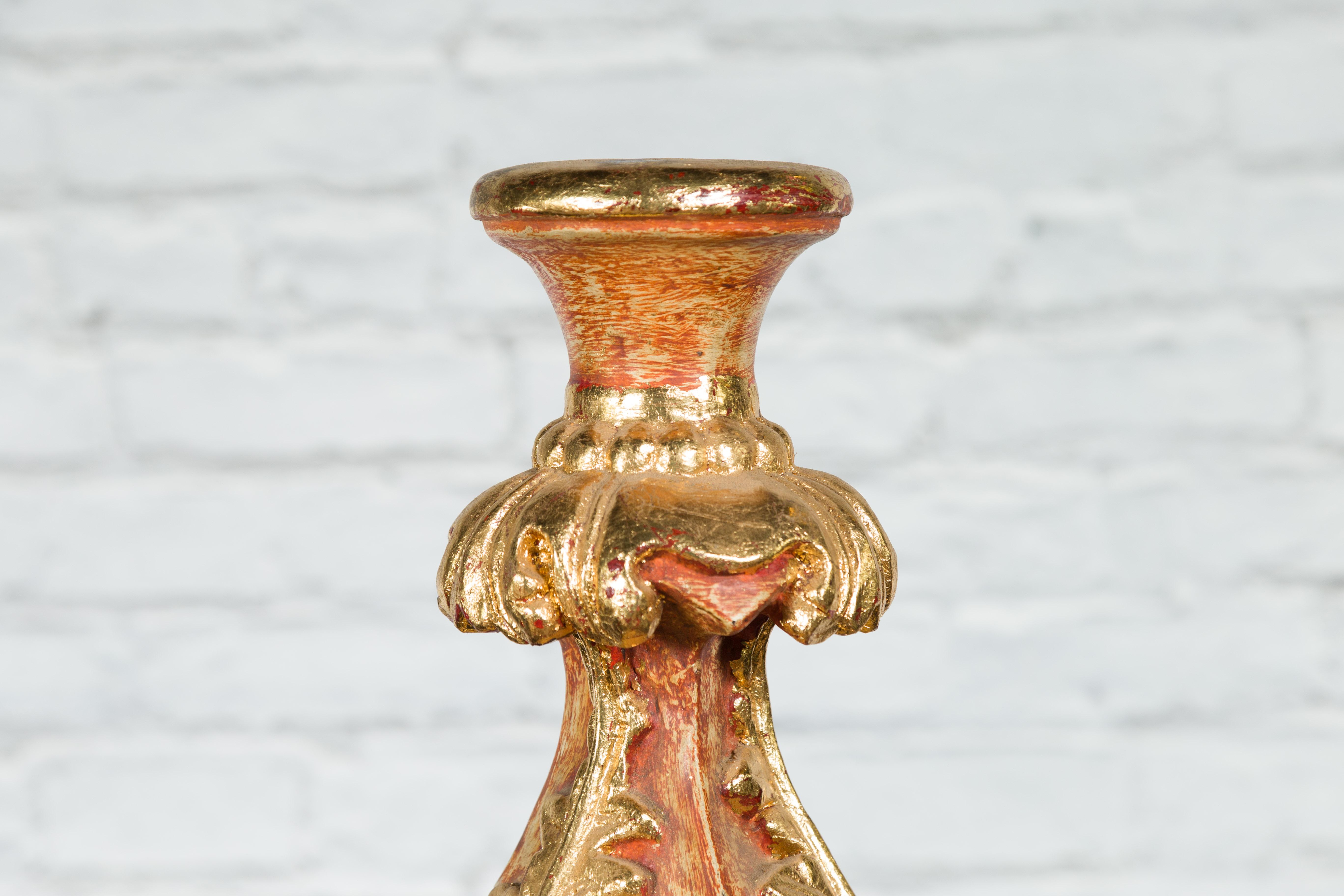 20th Century Red and Gold Gilt Indian Acanthus Carved Finial Drilled to Be Made into a Lamp For Sale