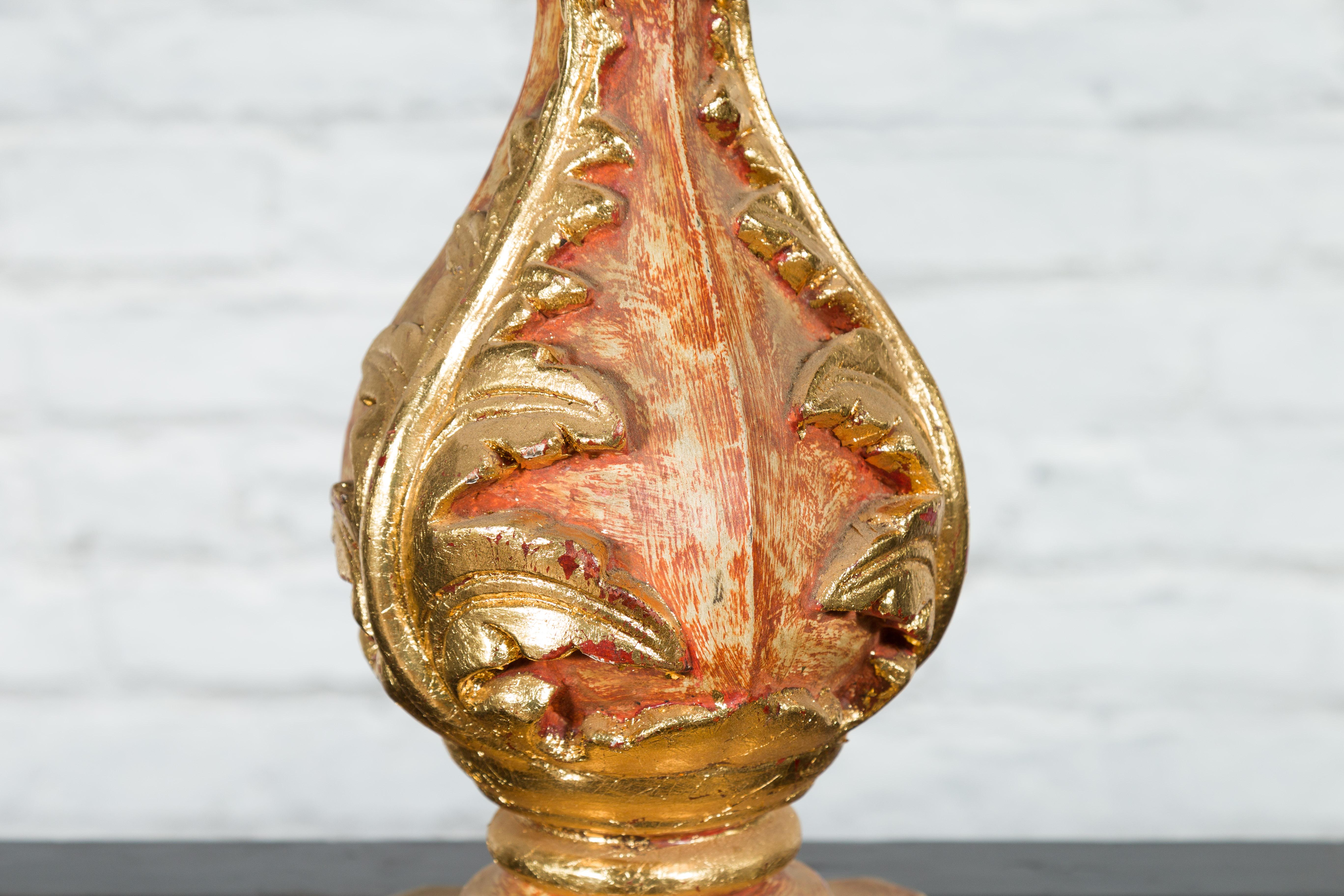 Wood Red and Gold Gilt Indian Acanthus Carved Finial Drilled to Be Made into a Lamp For Sale