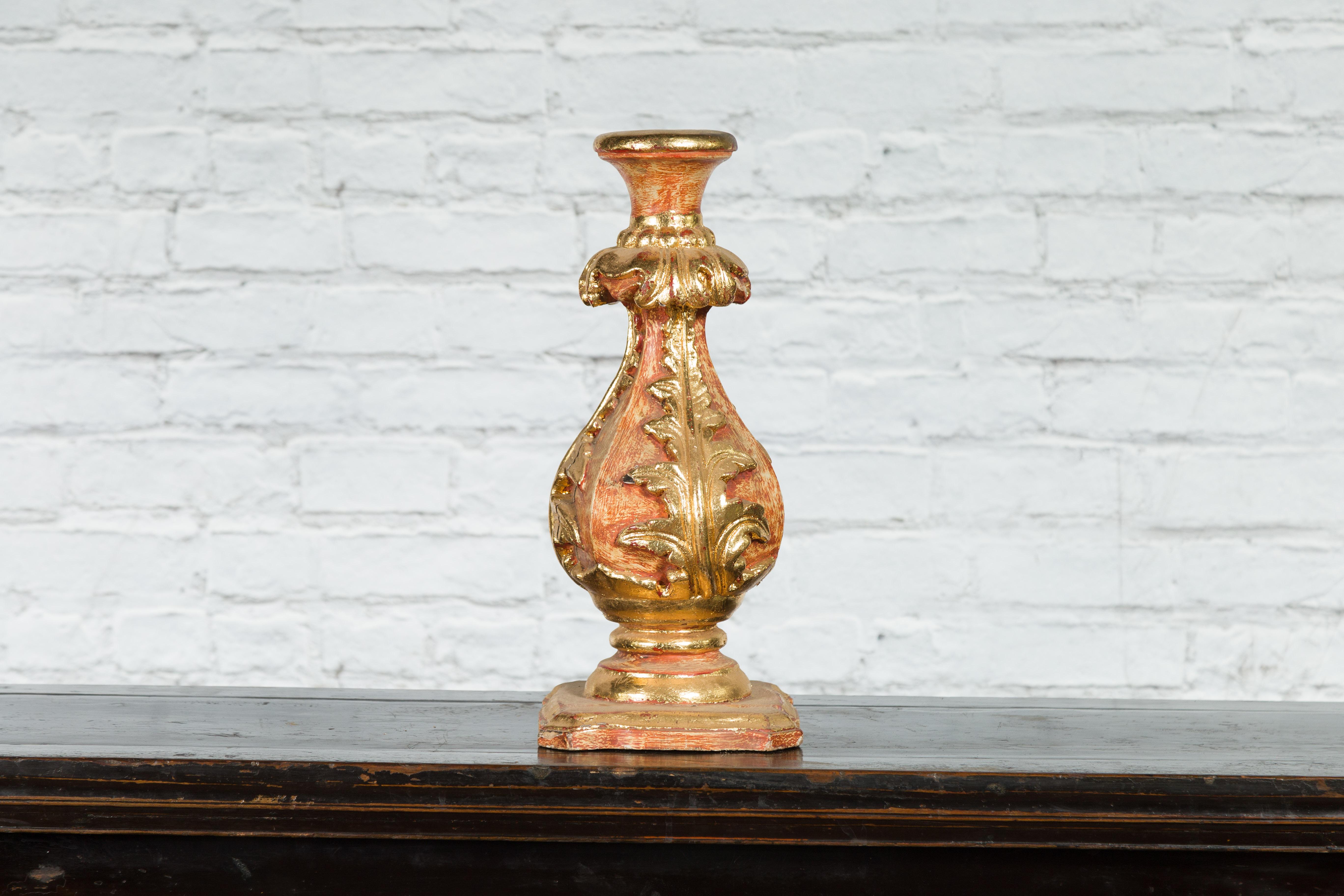 Red and Gold Gilt Indian Acanthus Carved Finial Drilled to Be Made into a Lamp For Sale 3