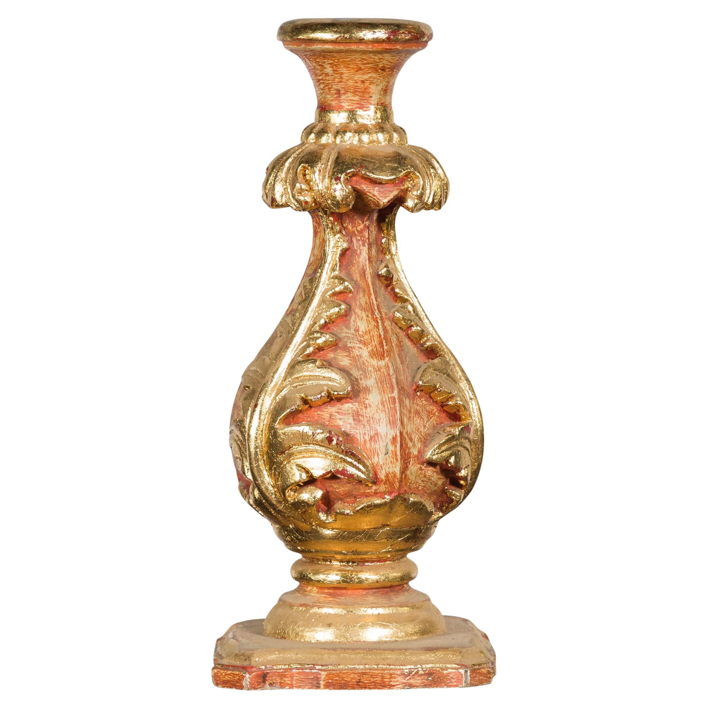 Red and Gold Gilt Indian Acanthus Carved Finial Drilled to Be Made into a Lamp For Sale