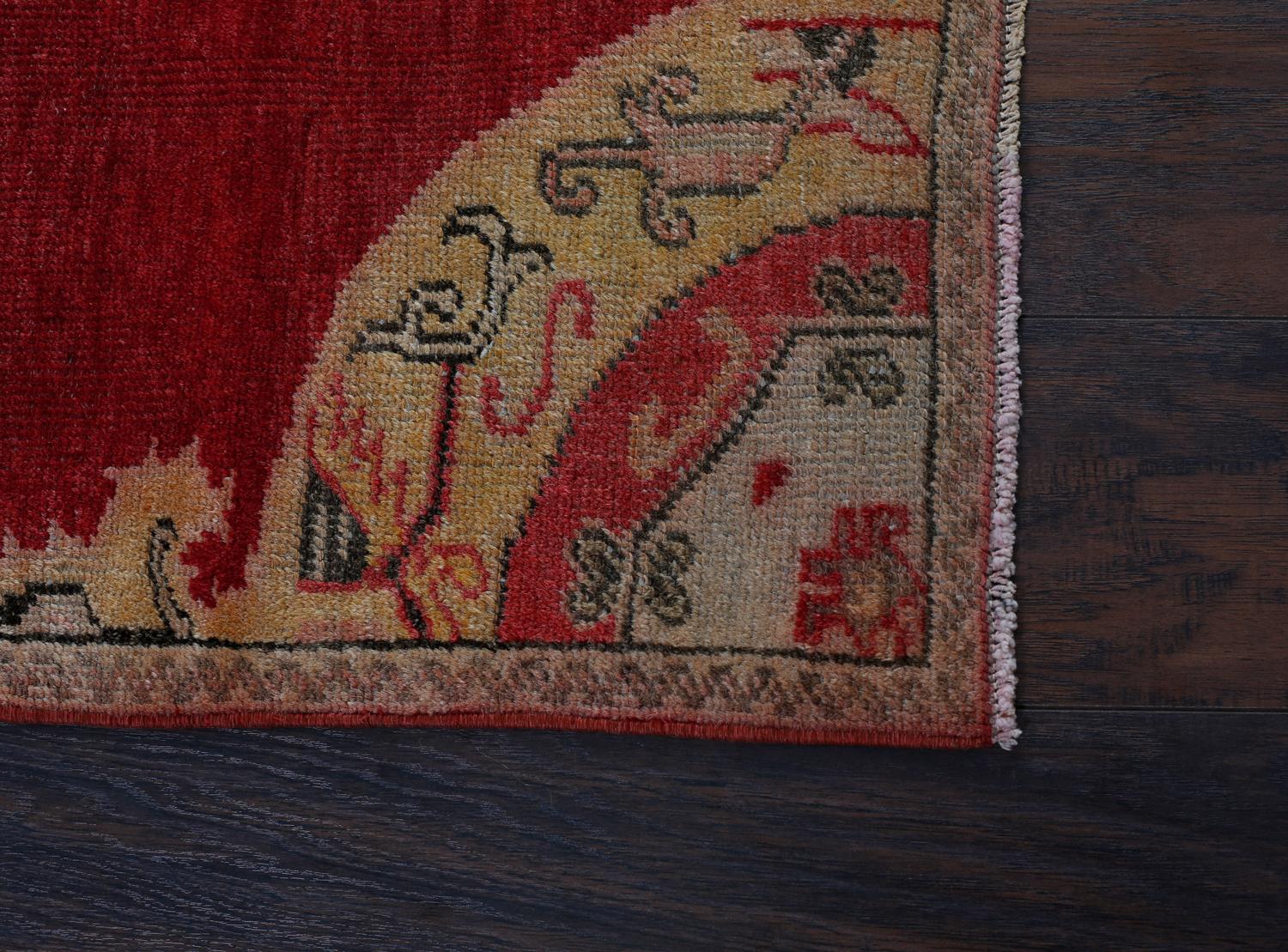 Oushak Red and Gold Handmade Wool Turkish Old Anatolian Konya Distressed Rug For Sale