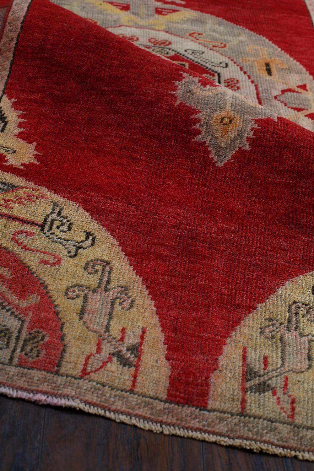 Mid-20th Century Red and Gold Handmade Wool Turkish Old Anatolian Konya Distressed Rug For Sale