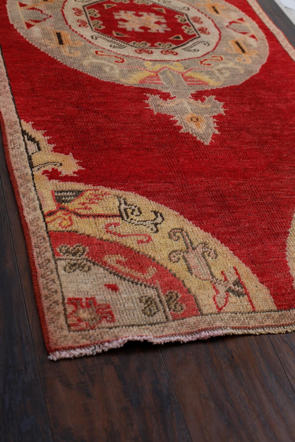 Red and Gold Handmade Wool Turkish Old Anatolian Konya Distressed Rug For Sale 1