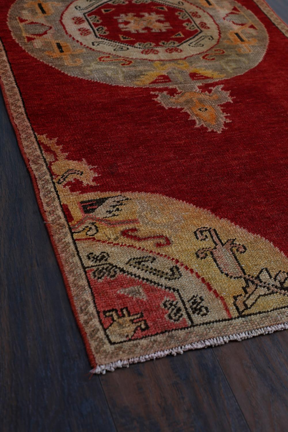 Red and Gold Handmade Wool Turkish Old Anatolian Konya Distressed Rug For Sale 2