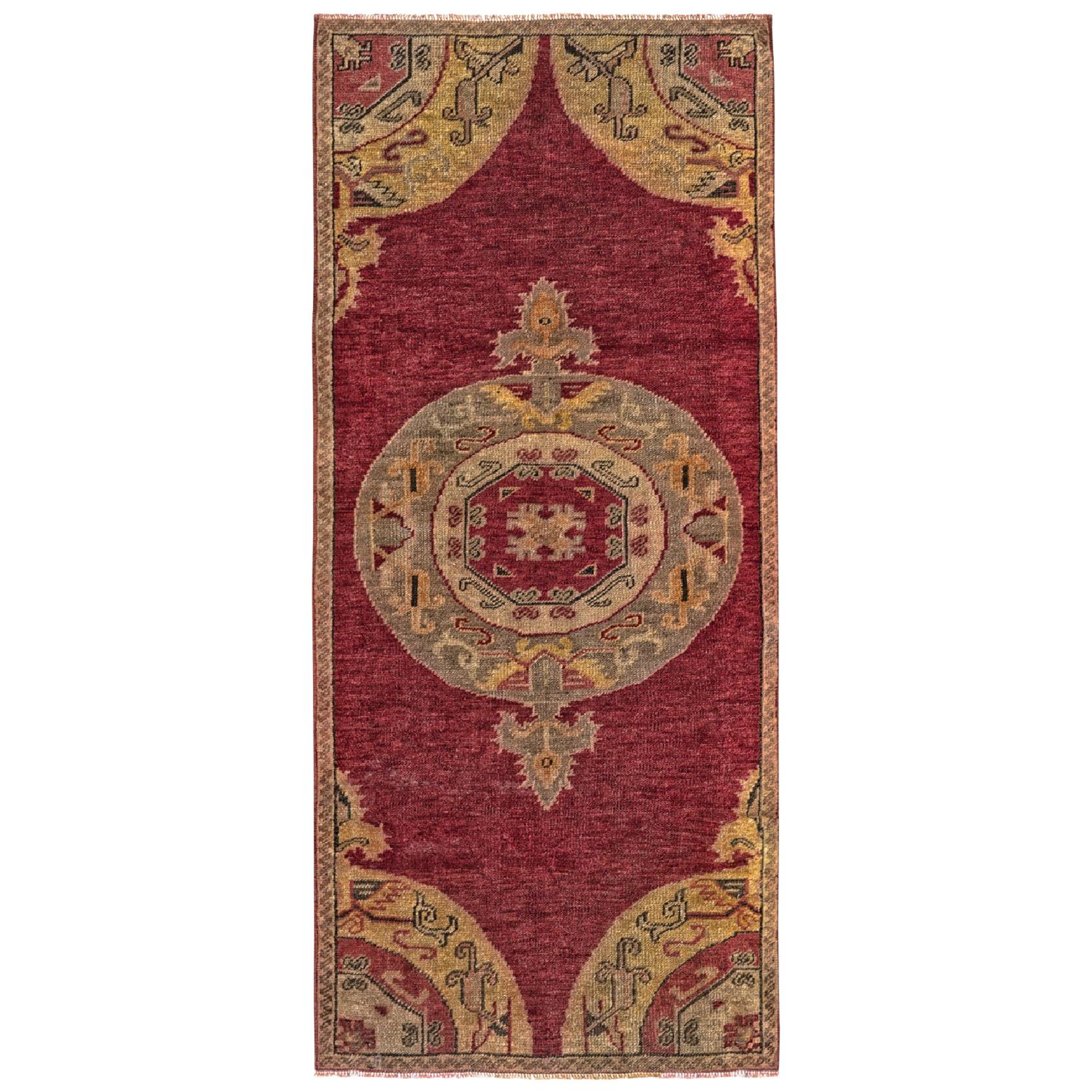 Red and Gold Handmade Wool Turkish Old Anatolian Konya Distressed Rug For Sale