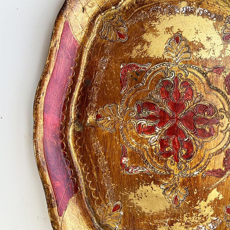 20th Century Red and Gold Italian Florentine Toleware Giltwood Tray