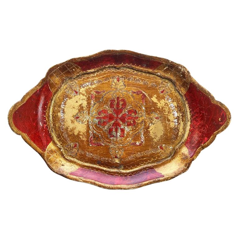 Red and Gold Italian Florentine Toleware Giltwood Tray