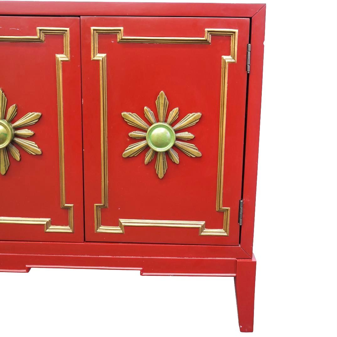 Modern Red and Gold Lacquer Carved Wood Cabinet For Sale